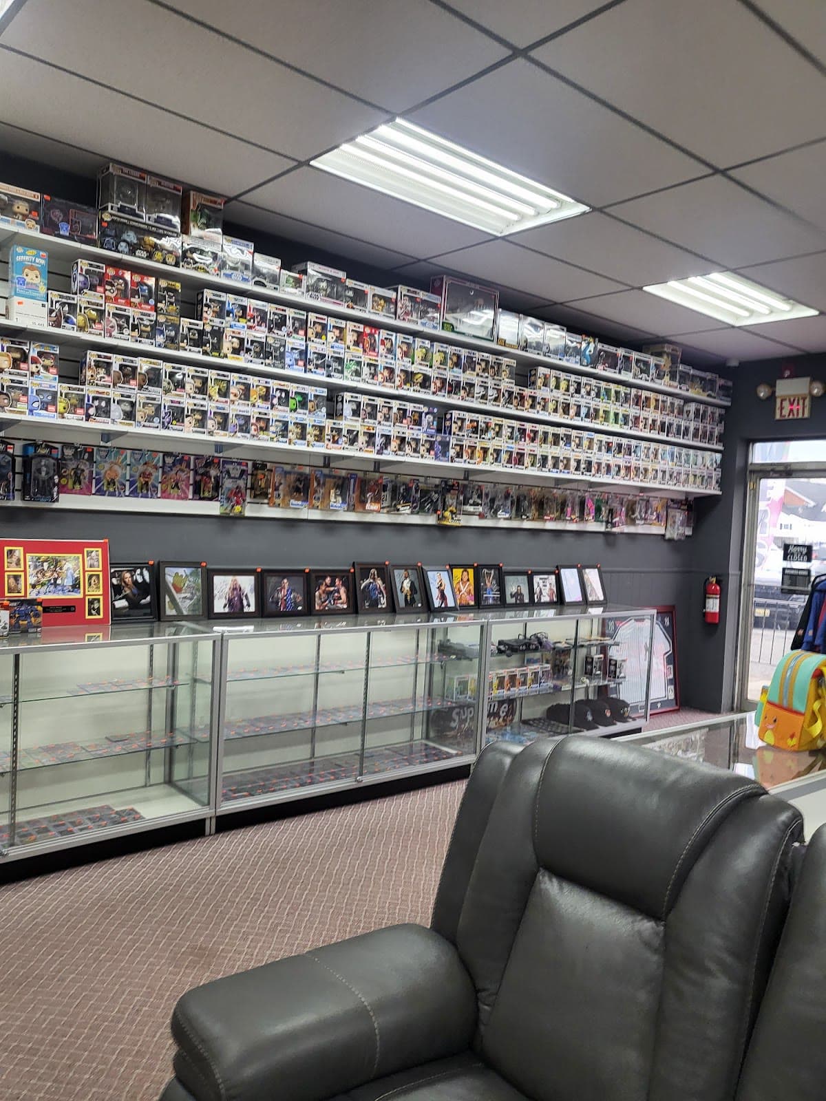 Glass cases of cards along the shop wall