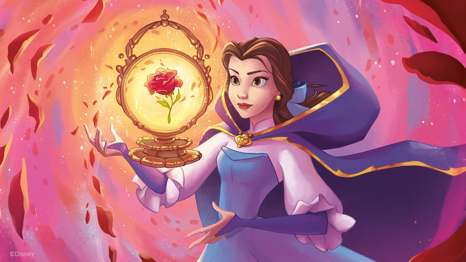 Belle holding an enchanted rose in Disney Lorcana artwork